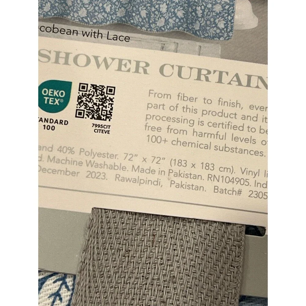 Rachel Ashwell Tillie Jacobean With Lace Fabric Shower Curtain Blue Floral New